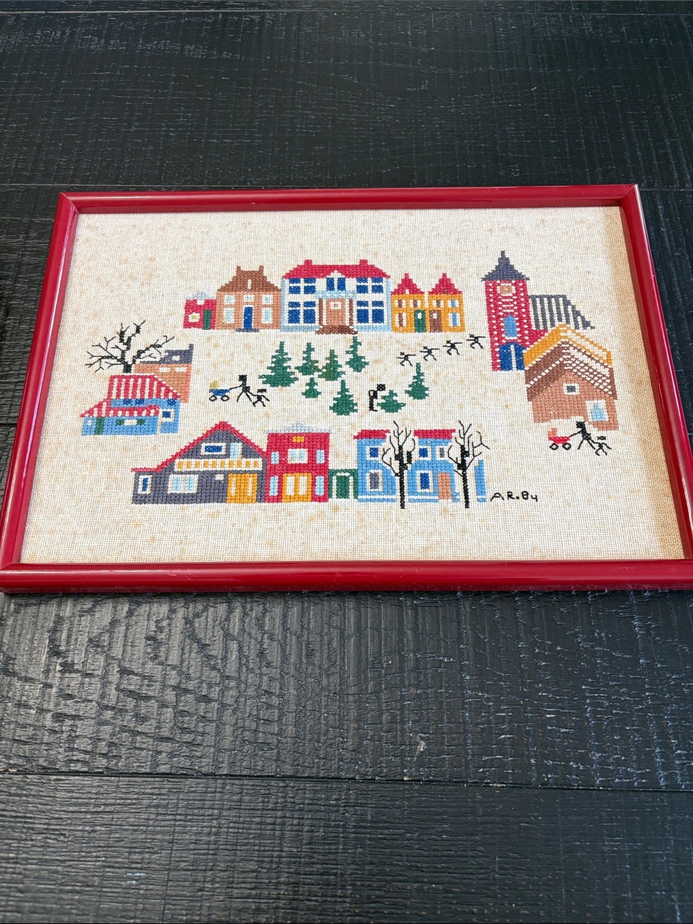 Framed Cross Stitch Village Art